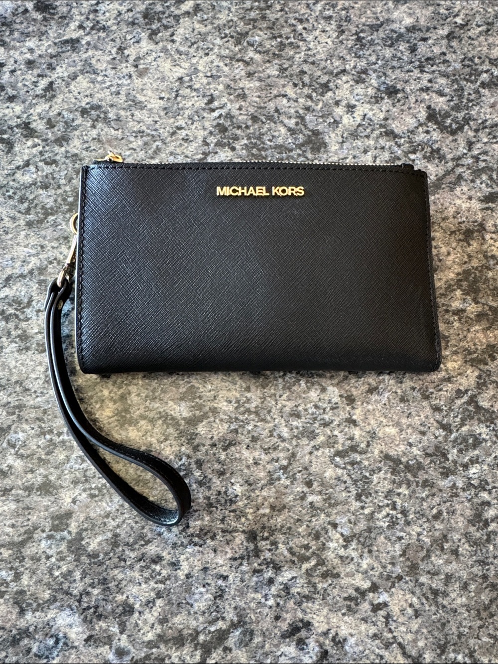 Michael Kors Black Leather Wristlet with Gold logo